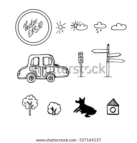 Hand drawn sketch with collection of elements for city landscape: weather icons with sun, cloud and rain, car, traffic light, direction, tree, bush, dog and small dog house. Vector illustration.