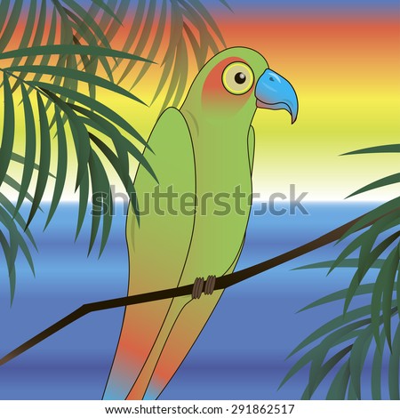 Background with green parrot bird sitting on the perch on the beach.Tropical vector illustration