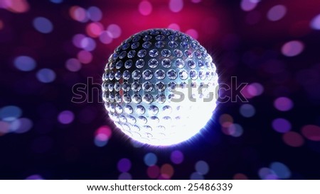 Silver disco ball studded with white diamonds on a multi-colored reflective background