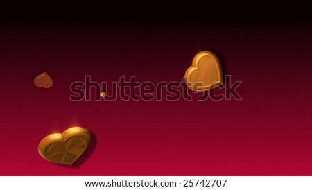 3D Gold Hearts on Red Background