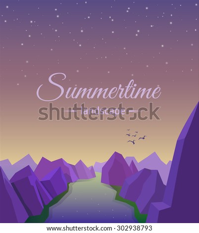 Summertime landscape. Flat design nature landscape illustration with birds, hills and river. Sunset.