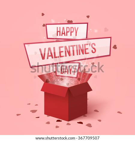 Happy valentines day.Valentines day gift box. Red hearts coming out from gift box. Holiday gift present with flying hearts for holiday design. Hearts explosion. Love is in the air. Love box. Lettering