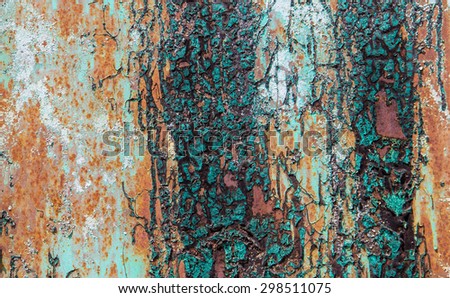 Old Peeling Paint on Rusty Metal Grunge Background. Grunge industrial background of old peeling paint on rough and rusty corroded metal surface.