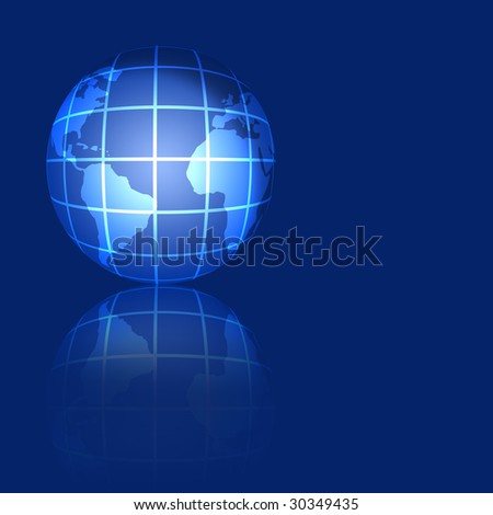 An illustration of the world globe with grid, over blue.