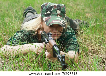 portrait blonde in military form