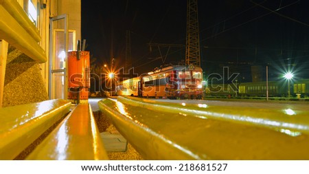 Train station at night with old train carriage. Taken at Bulgaria.