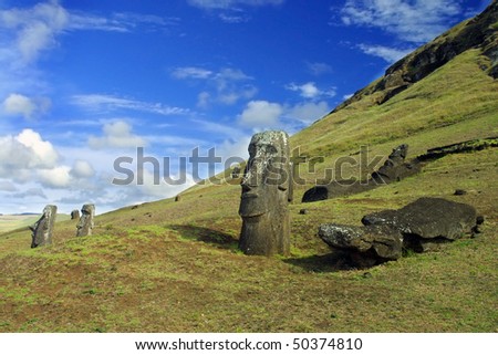 Standing Moaia at Rapa Nui, Easter Island. These Monoliths were taken at the Rano Raraku quarry in the Chilean owned Easter Island (or Isla pascual).
