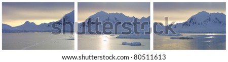 Lemaire Channel, Antarctica. Triptych image taken at sunset during beautiful, calm waters.