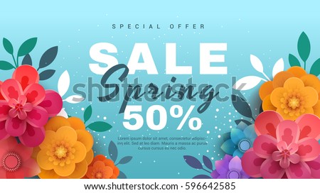 Spring sale banner with paper flowers on a blue background. Banner perfect for promotions, magazines, advertising, web sites. Vector illustration.