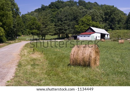 Barn with hay bales in field - road leading to barn - Washington County, Ohio