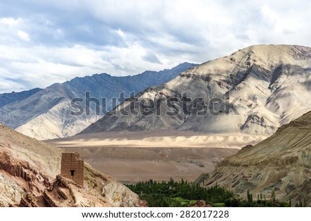 Ancient fortress with a beautiful mountain view behind,Ladakh,Jammu-Kashmir,India.
