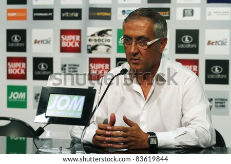 GUIMARAES, PORTUGAL - AUGUST 25: Gregorio Manzano, At.Madrid(ESP) Coach, at a press conference of a 20112012 UEFA Europa League match on August 25, 2011 in Guimaraes, Portugal