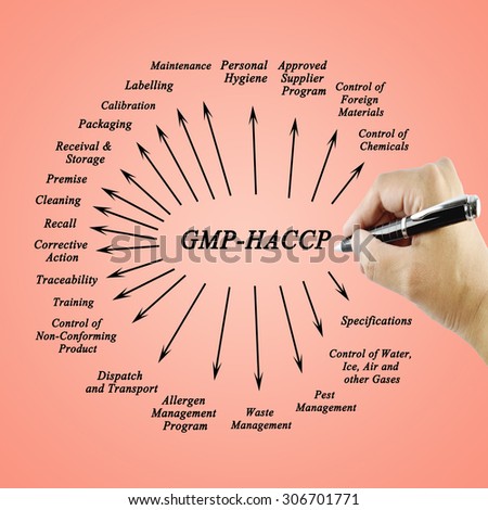 Women hand writing element  GMP-HACCP for use in manufacturing (Training and Presentation)