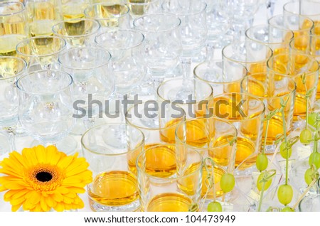 a lot of drinks on buffet table, catering