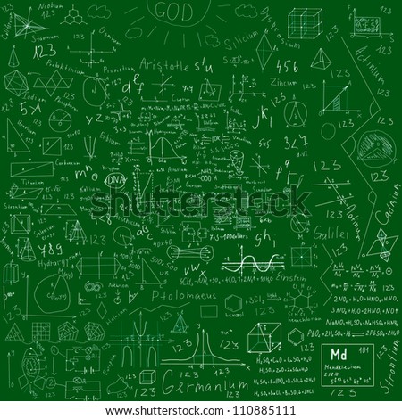 school subjects formulas and drawings -  made with chalk over green blackboard