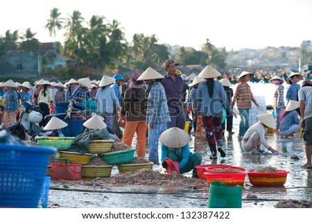 MUI NE, VIETNAM - FEB 27: Mui Ne is a popular tourist attraction in Vietnam. A lot of fishers sort out their catch on the shore and sell fish to dealers, Feb 27, 2013, Mui Ne, Phan Thiet, Vietnam.