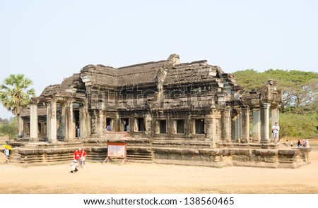 ANGKOR, CAMBODIA - FEB 20: Library of Angkor Wat, a part of the ancient Khmer temple complex Angkor, a UNESCO World Heritage Site, the famous tourist attraction, Feb 20, 2013, Angkor, Cambodia.