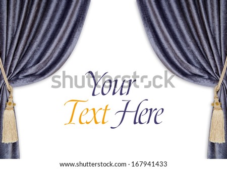 grey blue curtains with supports and tassels, isolated