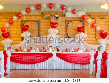 restaurant banquet room decorated for wedding party