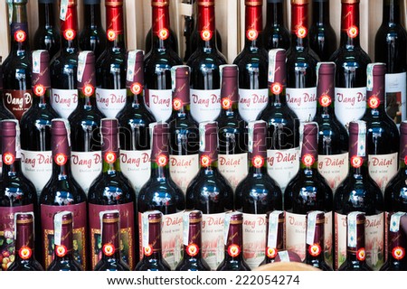 DALAT, VIETNAM - JULY 27, 2014: Many bottles of Dalat red wine. In 2013 it became the 6th one in the World Atlas of Wine.