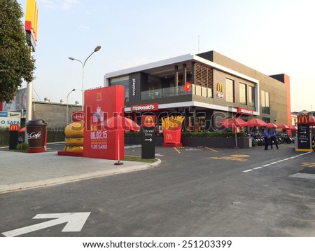 HOCHIMINH, VIETNAM - FEB 9, 2015: A new restaurant (opened on Feb. 6) of the McDonalds Corporation, the worlds largest chain of hamburger fast food restaurants, serving 68 million customers daily.
