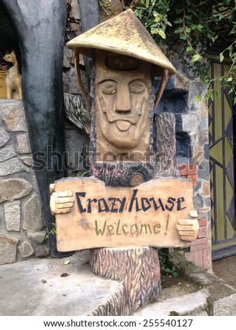 DALAT, VIETNAM - JUNE 10, 2014: A signboard of Crazy House, a local landmark. It was designed by architect Hang Nga.
