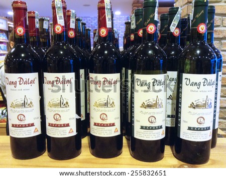 DALAT, VIETNAM - JULY 27, 2014: Many bottles of Dalat red wine. In 2013 it became the 6th one in the World Atlas of Wine.