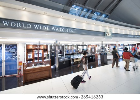 BANGKOK - MARCH 18; 2015: Unidentified people shop at duty free watches boutiques at the International Airport Suvarnabhumi which is the sixth busiest airport in Asia.