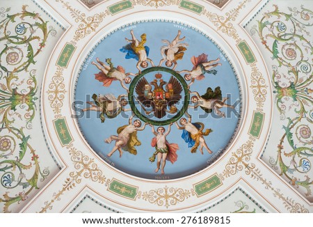 ST. PETERSBURG - JUNE 30, 2011: A ceiling painting depicts angels of Russian cities holding a garland around a double headed eagle, the emblem of the Russian Empire.