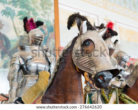 ST. PETERSBURG - JUNE 30, 2011: One of knights mannequins on a horse at Knights Hall of the Hermitage. It hosts a part of the Hermitage Arsenal collection.