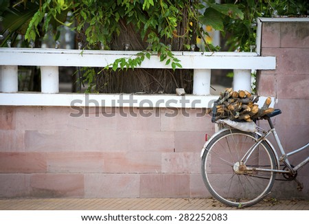 back part of old bicycle with firewood on luggage rack, Cambodia