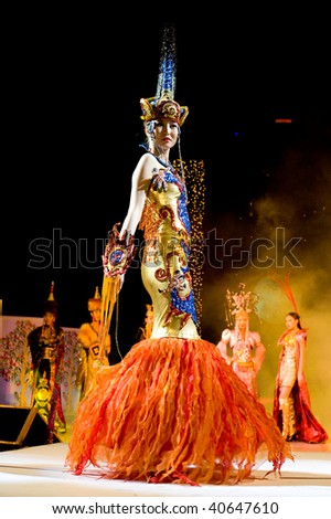 ULAN-UDE, RUSSIA - OCTOBER 29: Asian female model demonstrates dress ethnic (buryat) style international fashion festival of asian fashion designers October, 29, 2009 Ulan-Ude, Buryatia, Russia