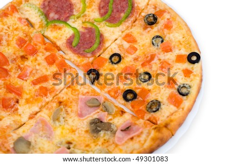 fragment of pizza, four quarters of different kinds on one dish, isolated on white, clipping path