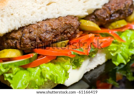 a big hamburger on a black glossy plate, macro