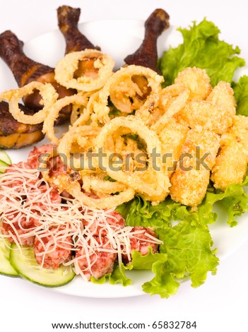 squid rings fried in batter, meat and cheese balls, cheese sticks and grilled chicken legs