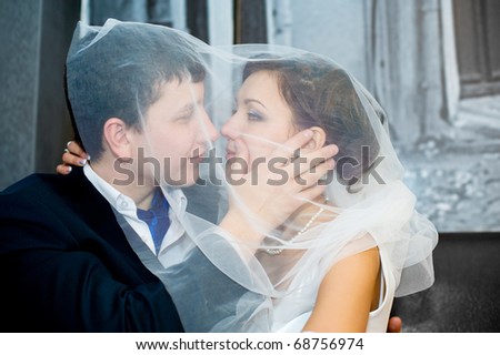 a bridegroom and his bride look at each other, about to kiss, under bridal veil