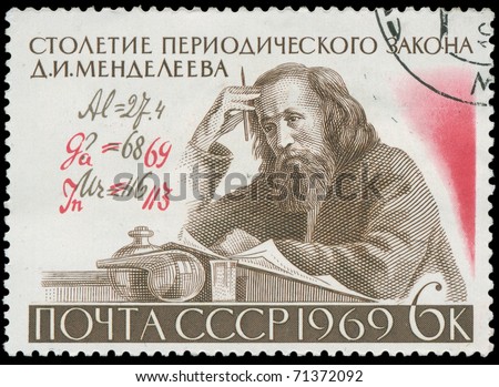 USSR - CIRCA 1969: A stamp printed in the USSR is devoted to the centenary of the periodic table by Dmitry Mendeleev, circa 1967