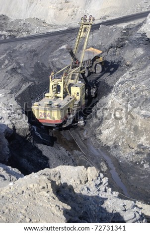 TUGNUI, RUSSIA - APRIL 2: The opening of Tugnuiskaya coal-preparation plant.  A mining shovel puts coal into a hauler, April, 2, 2008 in Tugnui, Buryatia, Russia.