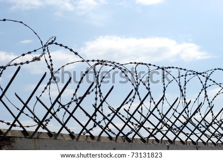 metal rods and wound barbed wire on fence