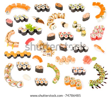 many sushi and sushi rolls, a big set over white