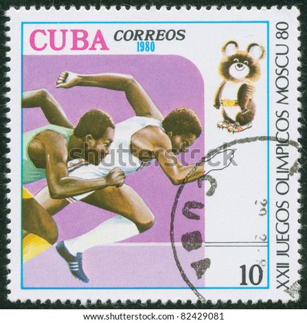 CUBA - CIRCA 1980: A stamp printed by the Cuban Post is devoted to the Olympic Games in Moscow in 1980. It shows two runners, circa 1980