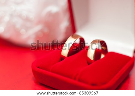 two golden wedding rings in a red velvet box, macro