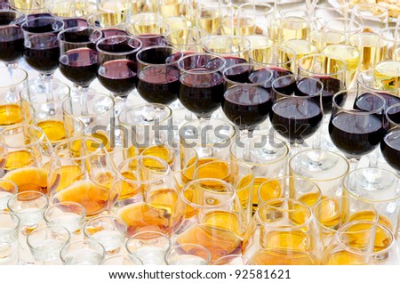 A Lot Of Alcohol Drinks On Buffet Table, Catering Stock Photo 92581621 