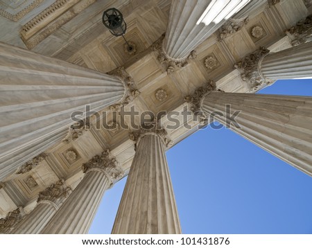 Historic US supreme court building columns in Washington DC.