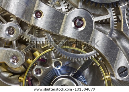Antique pocket watch inside gears macro detail.