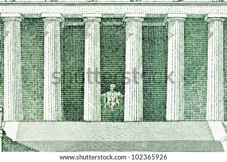 Lincoln Memorial depiction of the US Five Dollar Bill.