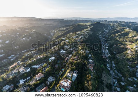 Aerial view of San Ysidro Drive and the South Beverly Park neighborhood above Beverly Hills and Los Angeles in Southern California.