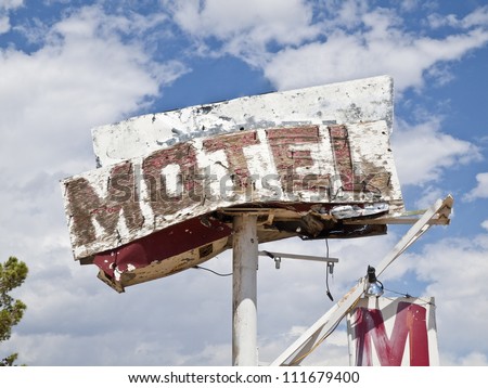 Route 66 Mojave desert motel sign ruin in southern California.