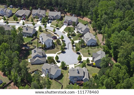 Modern comfortable middle class neighborhood aerial in the southeastern USA.