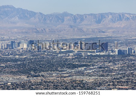LAS VEGAS, NEVADA - Oct 15:  View of Las Vegas strip.  Shot from Frenchman Mountain.  Vegas has 149,820 hotel rooms with a average daily rate of $110 on October 15, 2013 in Las Vegas, Nevada.